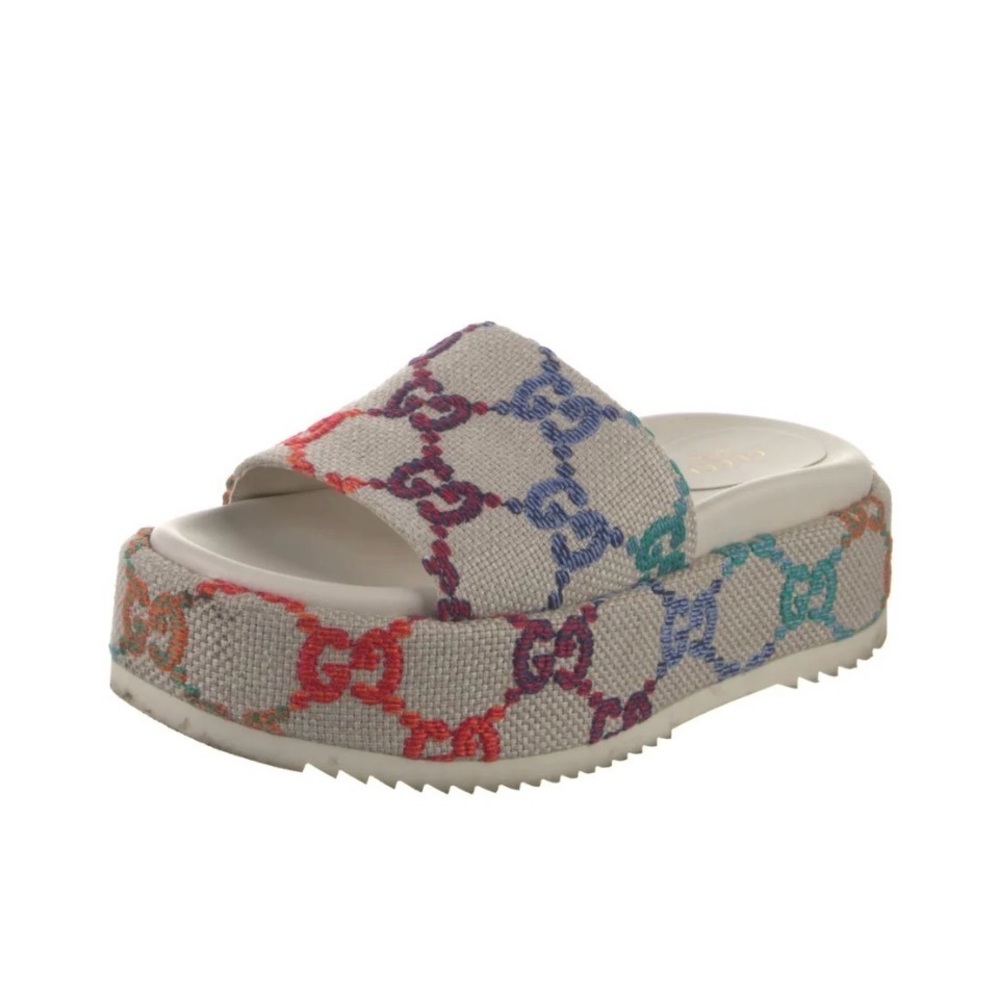 Gucci Angelina Embroidered Colorful Logo Platform Sandals Size 40